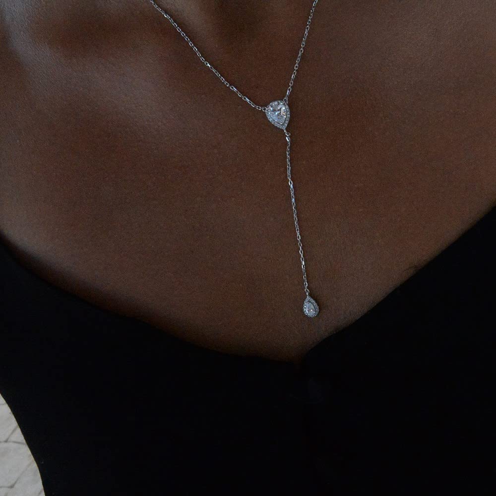 CZ Pear Drop Lariat Necklace 16" with 2.75" Y Drop Adjustable, White Gold Finish