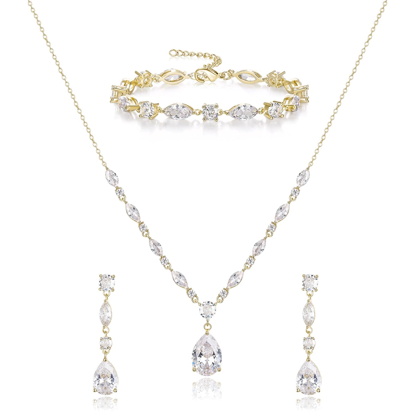 EVER FAITH Sparkly Cubic Zirconia Bridal Jewelry for Bride Bridesmaid, Elegant 14K Gold Plated Teardrop Wedding Prom Necklace Earrings Bracelet Set for Women