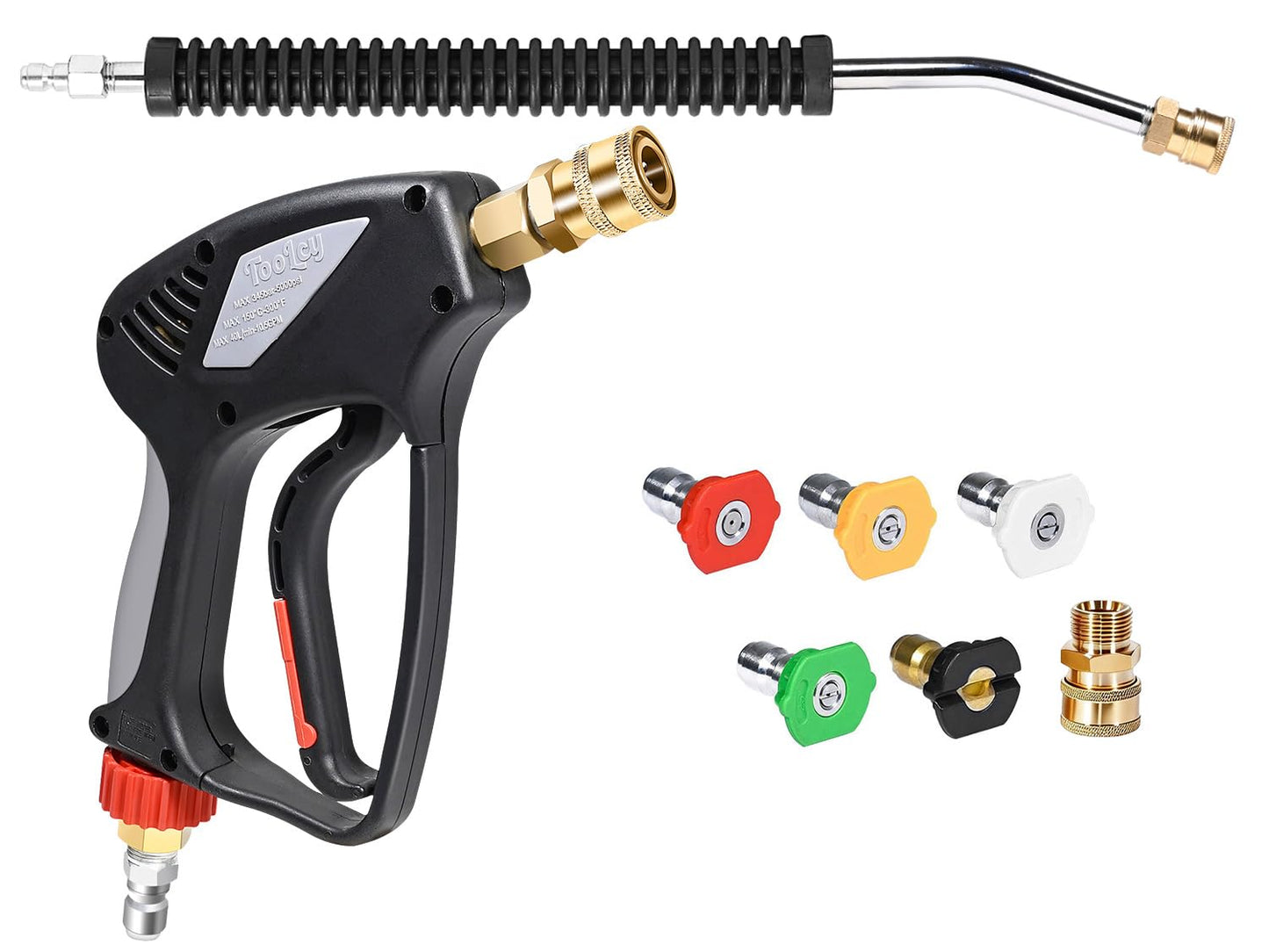 TOOLCY Pro Pressure Washer Gun and Wand, 5000 PSI High Pressure Washer Gun with 18" Curved Extension Wand, 360Â° Swivel, 1/4" Quick Connect Outlet, Includes 3/8" QC to M22-14mm Adapter & 5 Nozzle Tips