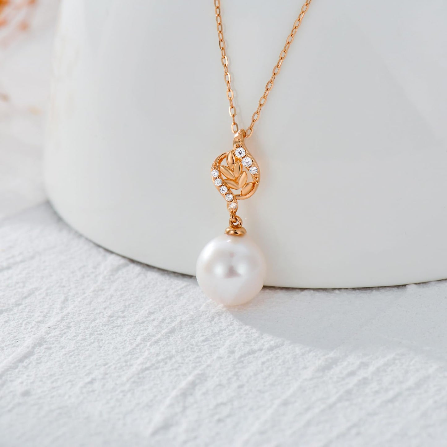 14k Rose Gold Natural Diamond and Freshwater Cultured Pearl Necklace and Earrings Set for Women