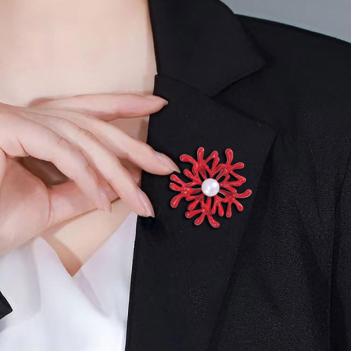Elegant Coral Flower Brooch for Women Pearl Red Floral Lapel Pins Wedding Party Dance Dress Suit Clothes Accessories Jewelry