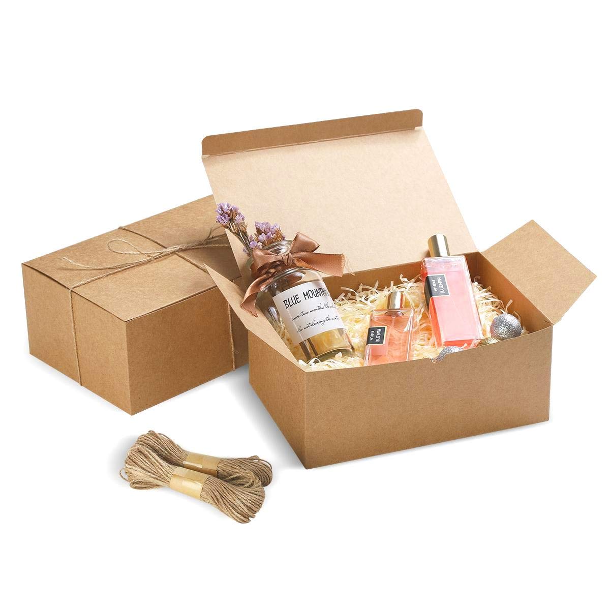 Frantis Brown Gift Boxes 9.45x6.5x4 Inches 10 Pack， Paper Gift Box with Lids for Bridesmaid Gifts, Birthday, Party, Christmas，Wedding, Crafting Cupcake Boxes, With 66 FT Twine