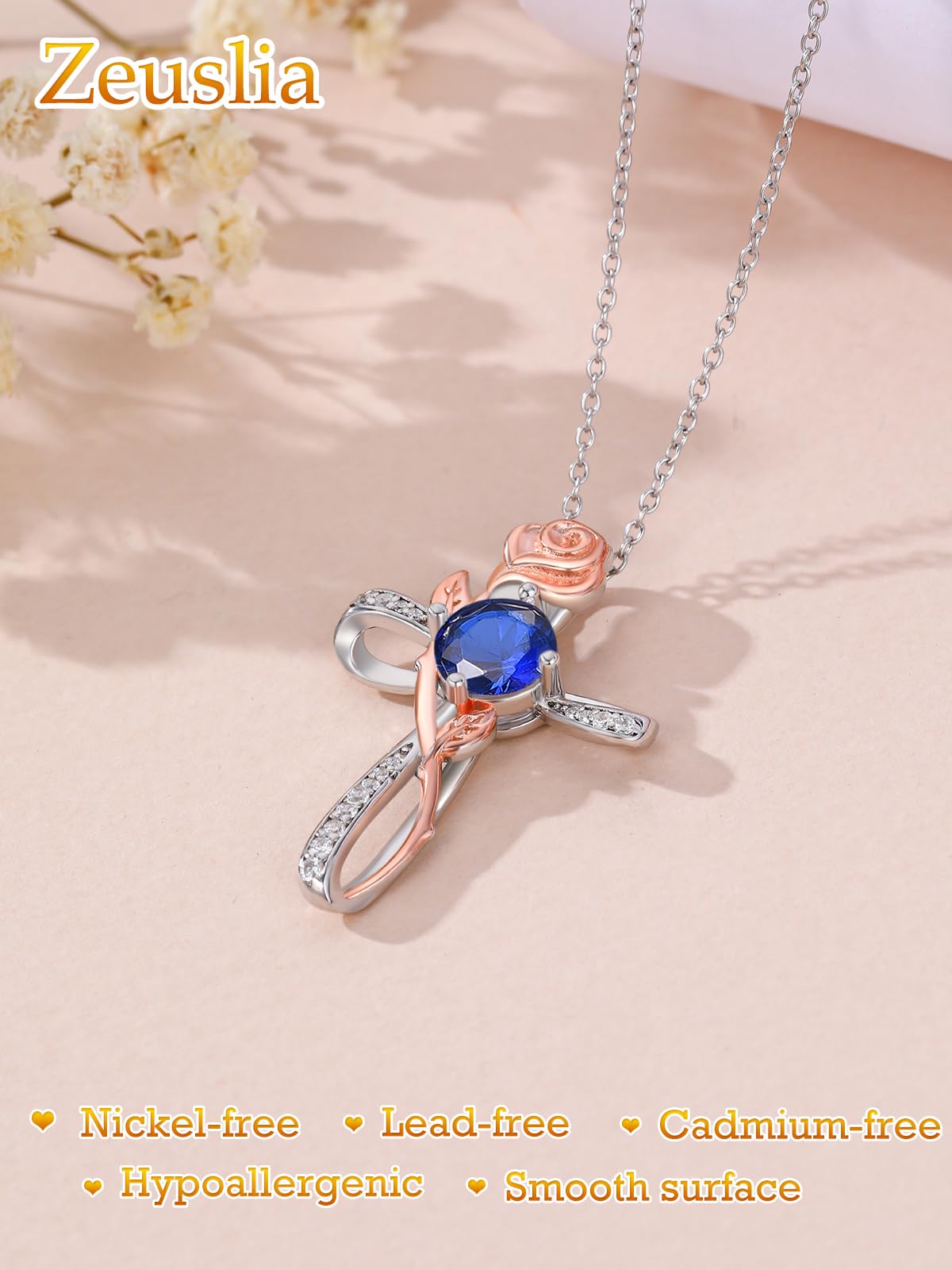 Cross Necklace for Women Sterling Silver Cross Pendant Jewelry with Rose Sapphire September Birthstone Necklace Christian Religious Baptism First Communion Confirmation Birthday Gifts for Women