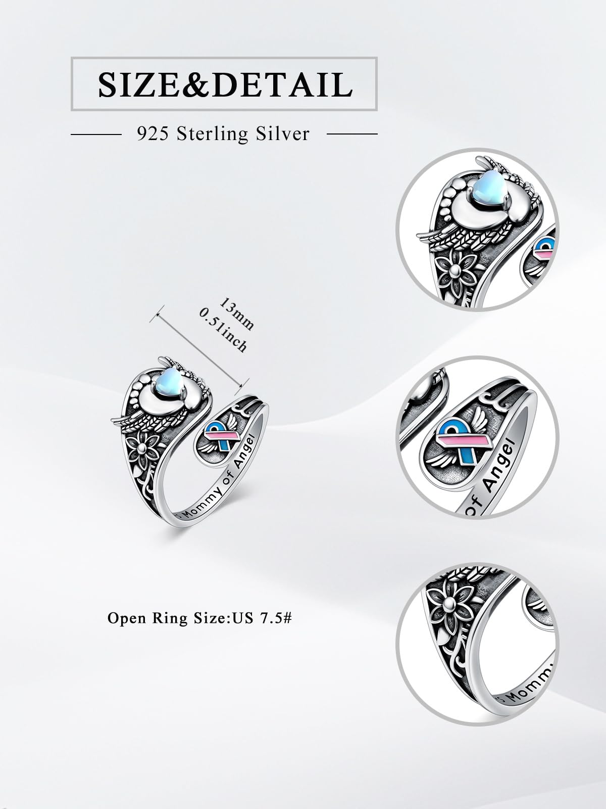Midari Mommy of an Angel Spoon Rings for Women 925 Sterling Silver Adjustable Heart Footprint Mommy of An Angel Memorial Rings Open Spoon Thumb Rings Mom Jewelry for Women Men Birthday Christmas Gift
