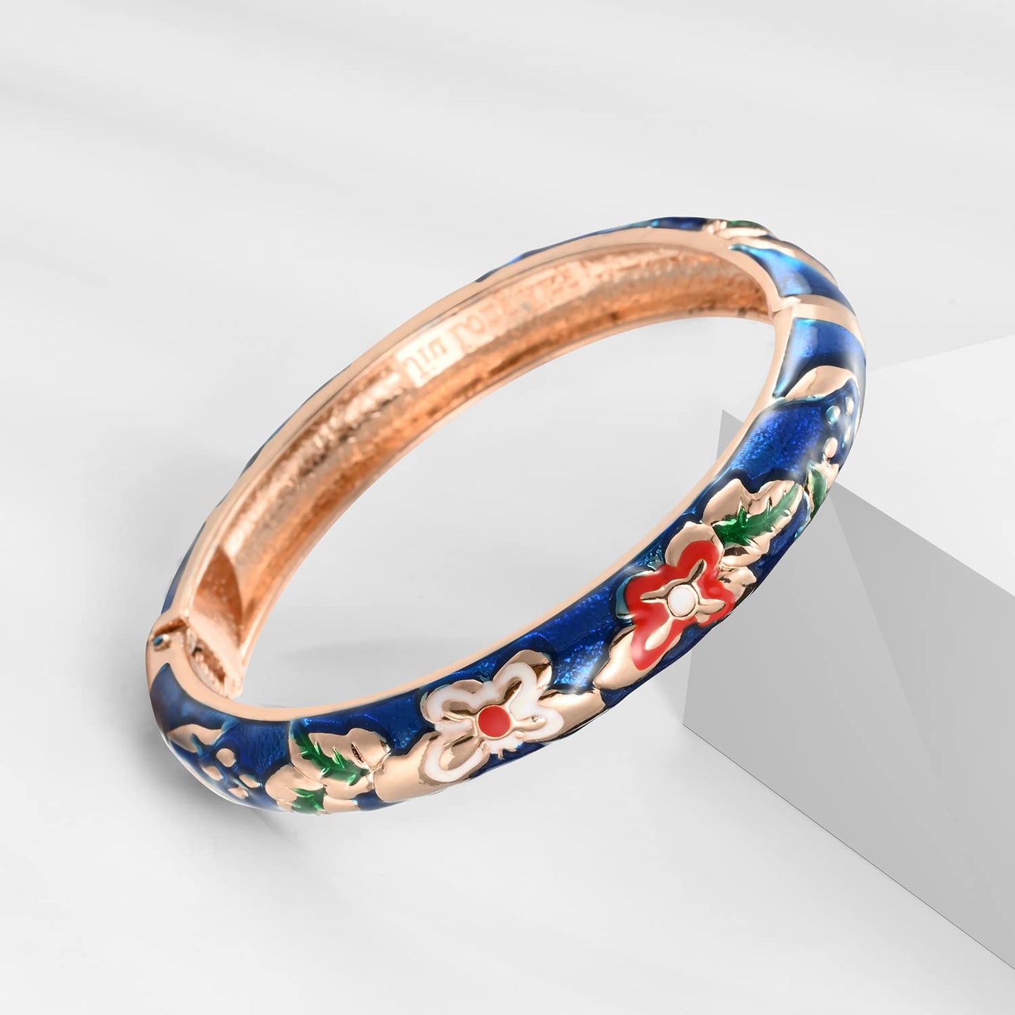 UJOY Bracelet Cloisonne Jewelry Fashion Opening Hinged Bangles Crafted Blue Colored Enamel Flower Gifts for Women 88A09 Blue