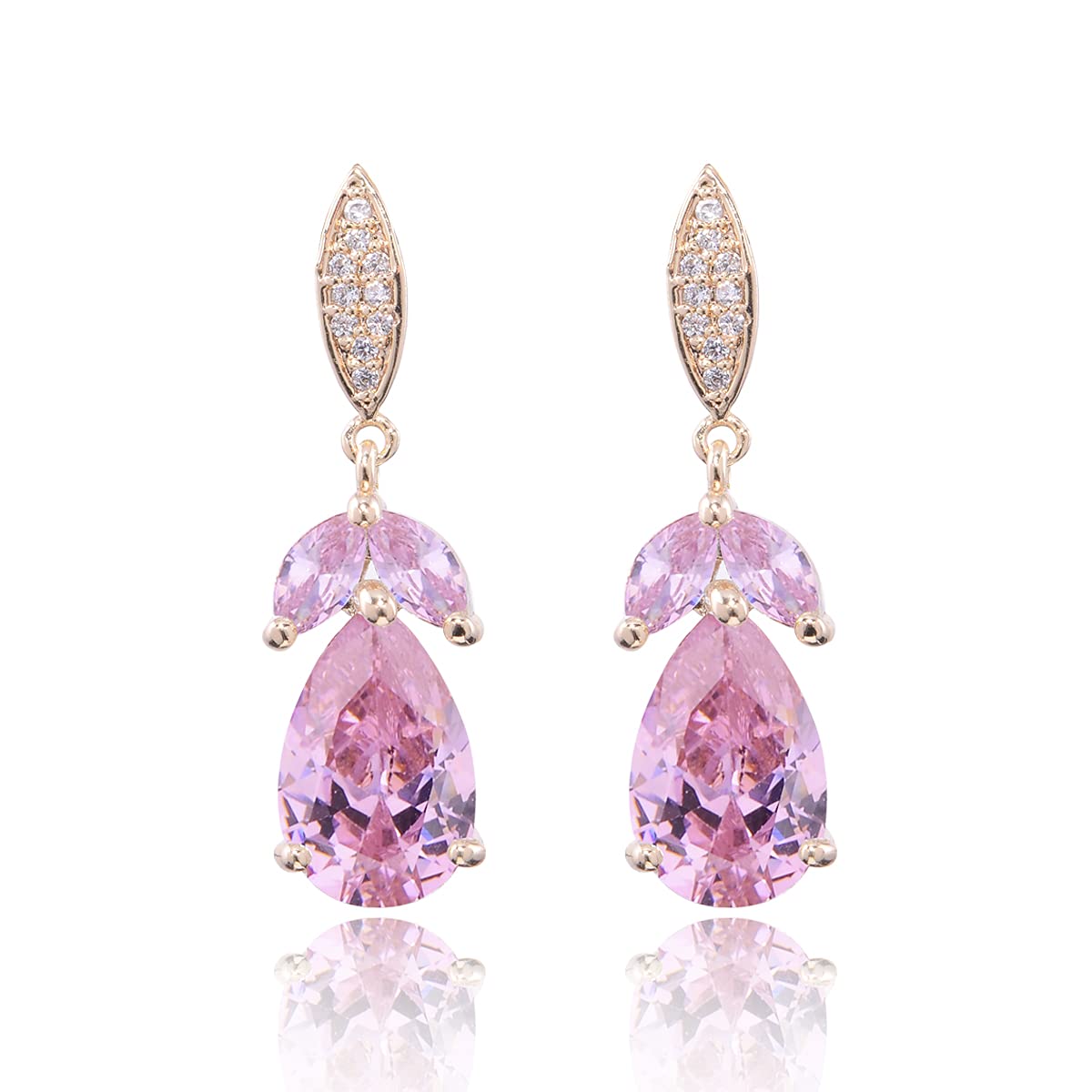 Marquise Teardrop Earrings Pink Elegant 14k Gold Plated Teardrop Cluster Floral Leaf CZ Crystal Rhinestone Wedding Earring for Bride Bridesmaids Mother of Bride Party Prom