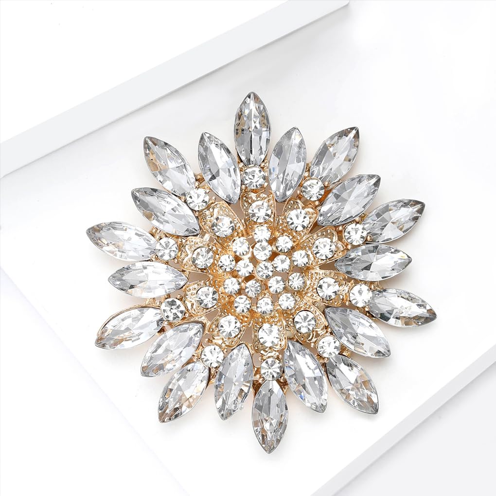 Rhinestone Large Flower Brooches Pins for Women Fashion Sparkly Crystal Sunflower Statement Brooch Wedding Party Suit Dress Formal Jewelry Accessories(White)