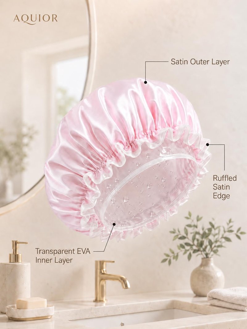 Aquior Shower Caps, Reusable Shower Cap for Women, Double Layer Waterproof Hair Cap, Large Size for All Hair Lengths,for Girls Spa Home Salon Use