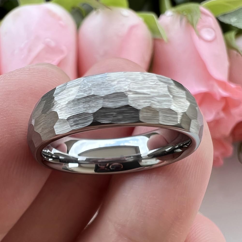 TUTISS 6mm Hammered Tungsten Rings for Men Women Fashion Engagement Wedding Bands Domed Matte Finish Comfort Fit Size 5