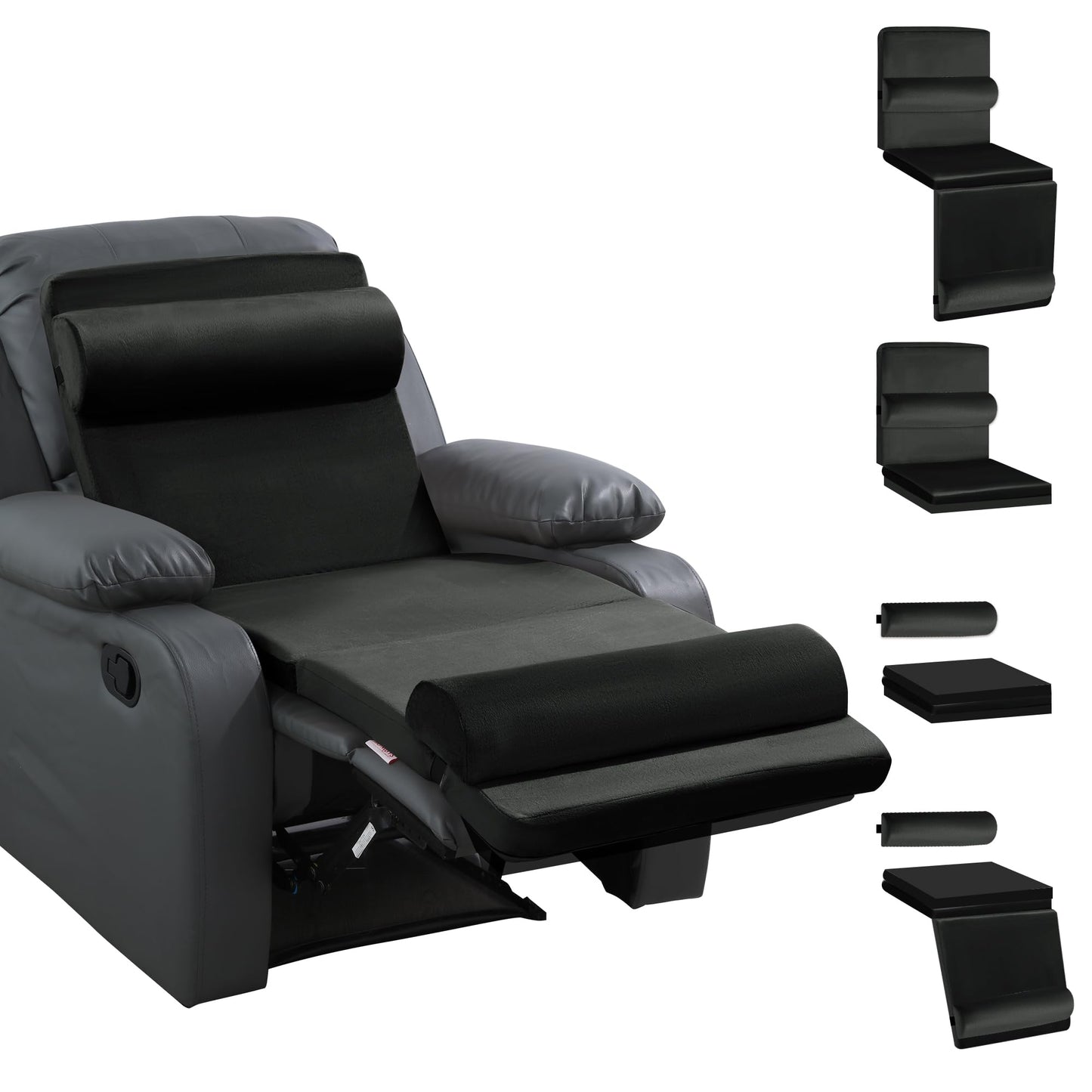 HOMBYS 5-in-1 Recliner Seat Cushion for Elderly+Lumbar Support Pillow + Leg Pad, with Adjustable Half Moon Neck Pillow & Footrest, Foam Filling with Velvet Fabric, Thick & Non-Slip, Black