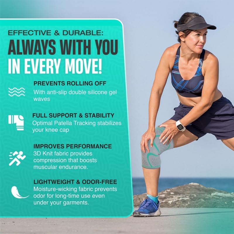 Modvel Compression Knee Brace for Women & Men - 2 Pack Knee Brace for Women Running Knee Pain, Knee Support Sleeve, Workout Sports Braces for Meniscus Tear ACL & Arthritis Pain Relief Grey/Turquoise Small