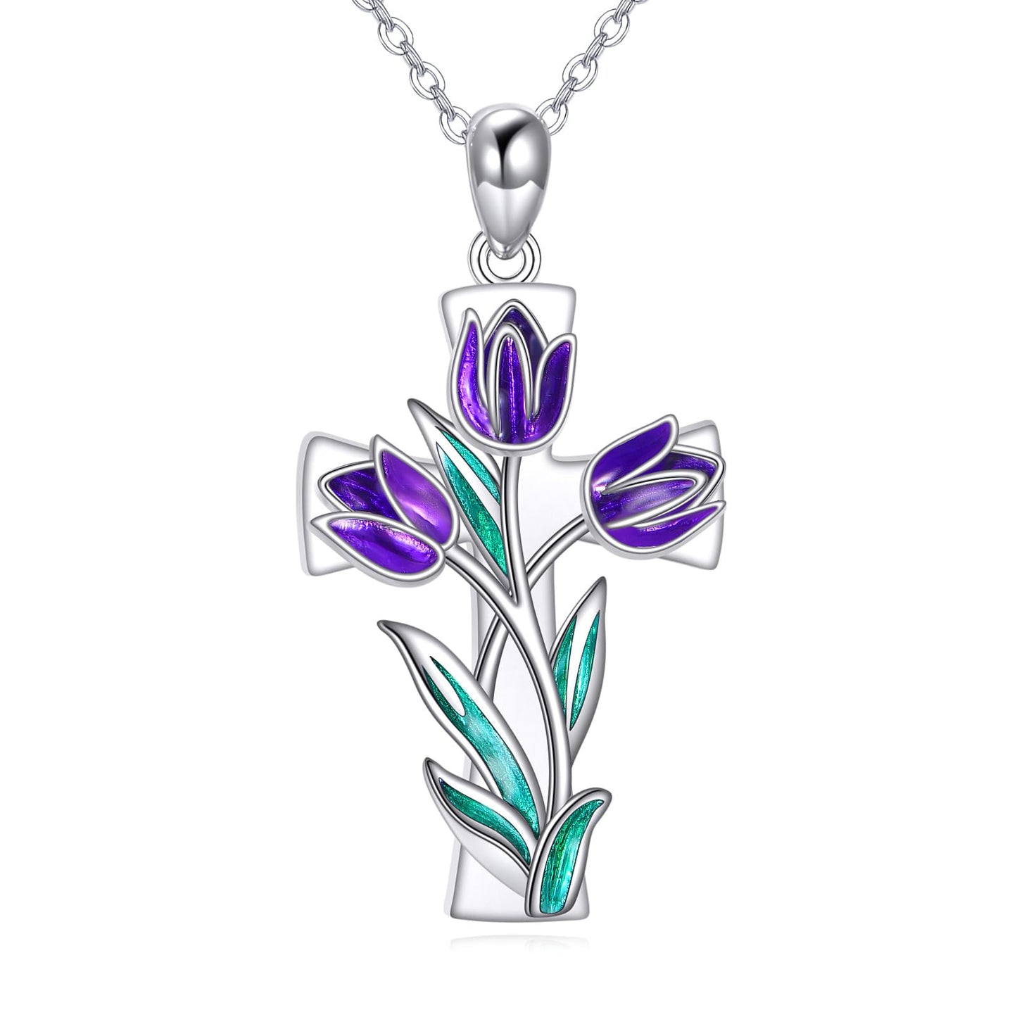 JERWLI Tulips Necklace 925 Sterling Silver Purple Tulips Flower Cross Pendant Necklace Birth Flower Jewelry for Women