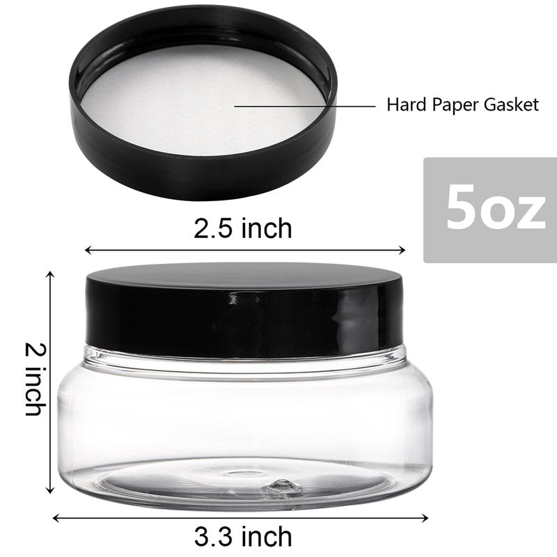 Yarlung 24 Pack 5 Oz Plastic Jars with Lids, Clear Body Scrub Jars Empty Refillable Containers Round Low Profile Samples Jars for Lotion, Body Butter, Sugar Scrub, Cream