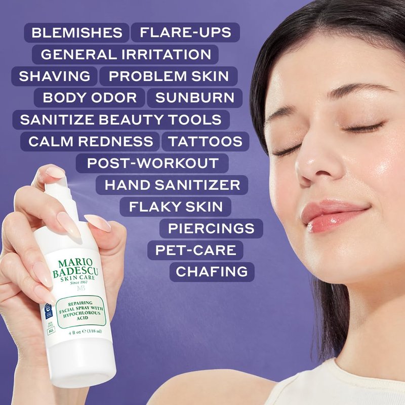Mario Badescu Repairing HOCl Facial Spray with Hypochlorous Acid – Soothes & Hydrates Angry, Irritated Skin, Reduce Redness & Flare-Ups – pH Balancing, Non-Irritating Cleanser, Fragrance-Free, 4 Fl Oz