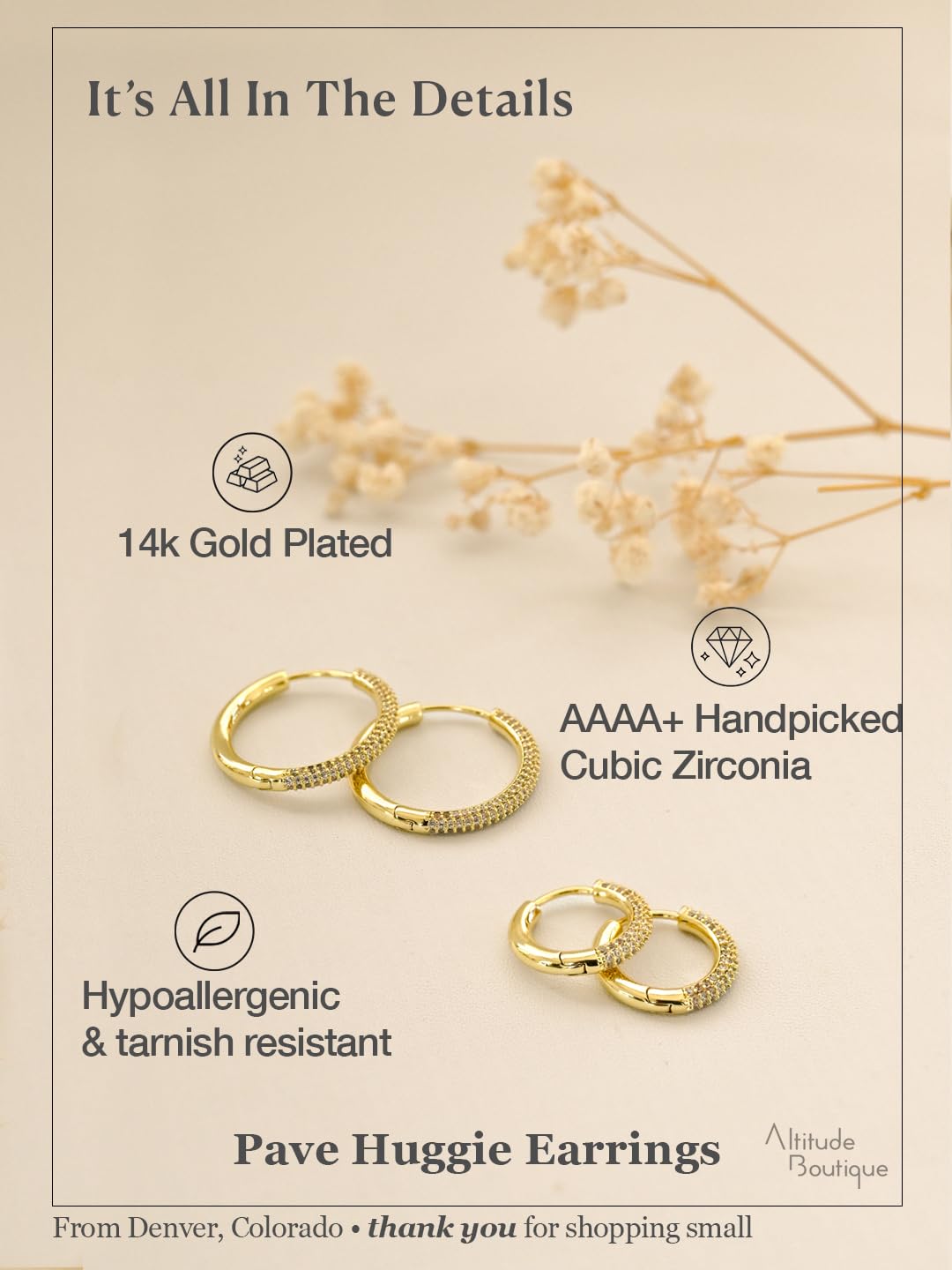 Altitude Boutique CZ Pave Huggie Hoop Earrings | 14K Gold-Plated or Rhodium-Plated | 4-Row Cubic Zirconia Hoops in 17mm or 25mm | Hypoallergenic Modern Statement Hoop Earrings for Women (Gold, 25mm)