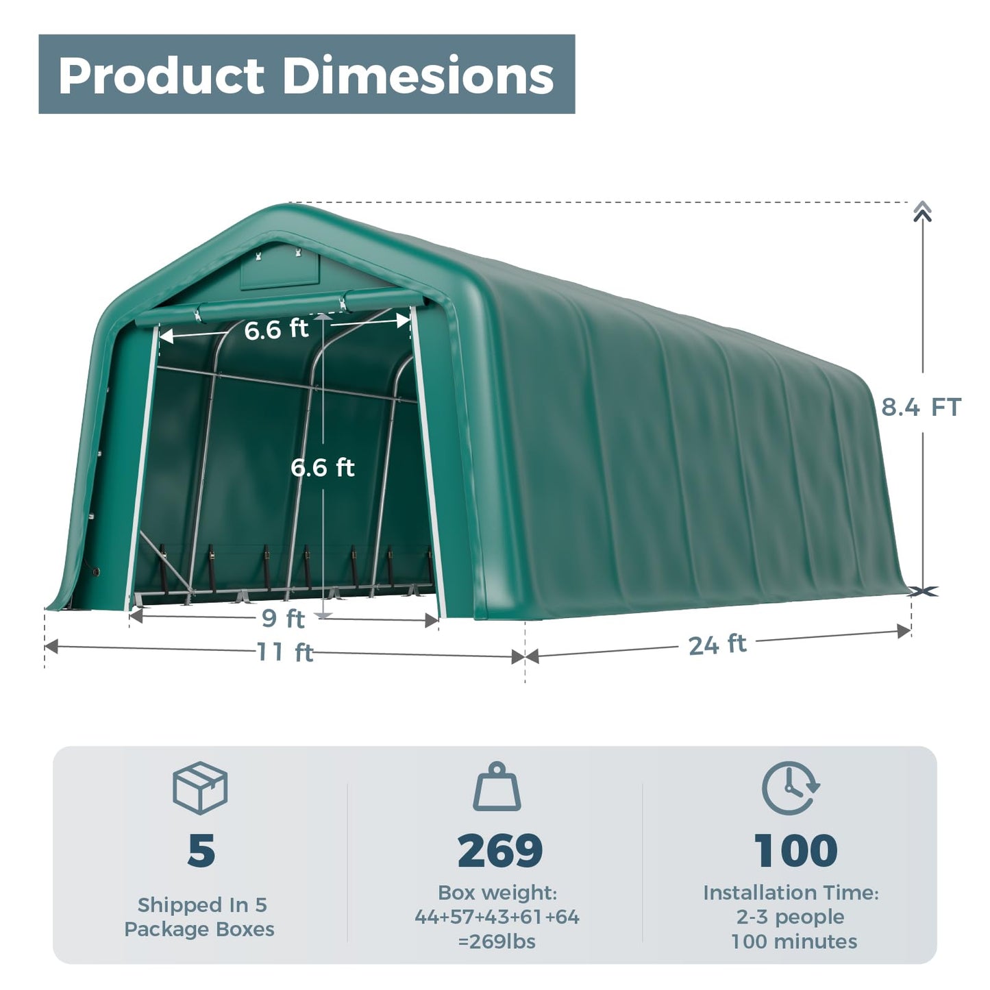 GREEN PARTY 11' x 24' Heavy Duty Carport, Portable Storage Shelter Shed Outdoor Carport with Roll-up Zipper Door & Vents, Storage Car Canopy Car Tent Garage for SUV, Truck and Boat, 200g PE Cover
