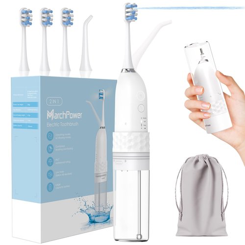 Portable Electric Toothbrush with Water Flosser, 2-in-1 Cordless Waterflosser Teeth Cleaning Kit 2.0, 3+3 Modes, 3 Brush Heads, 1 Jet Tip, IPX7 Waterproof Rechargeable Oral Irrigator for Travel Home
