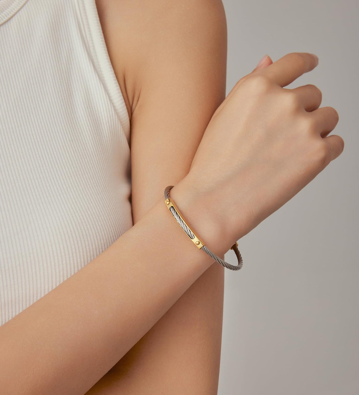 LXBQYSTO Cable Wire Twisted Cuff Bangle Bracelet For Women 14K Gold/rose/silver Stainless Steel Jewelry for Women Gift (Close-Silver&Gold)