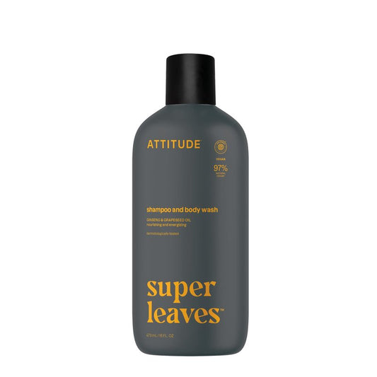 ATTITUDE 2-in-1 Body Wash & Shampoo for Men & Women, EWG Verified, Vegan, Natural Ingredients, Dermatologist-Tested, Ginseng and Grapeseed Oil, 16 Fl Oz