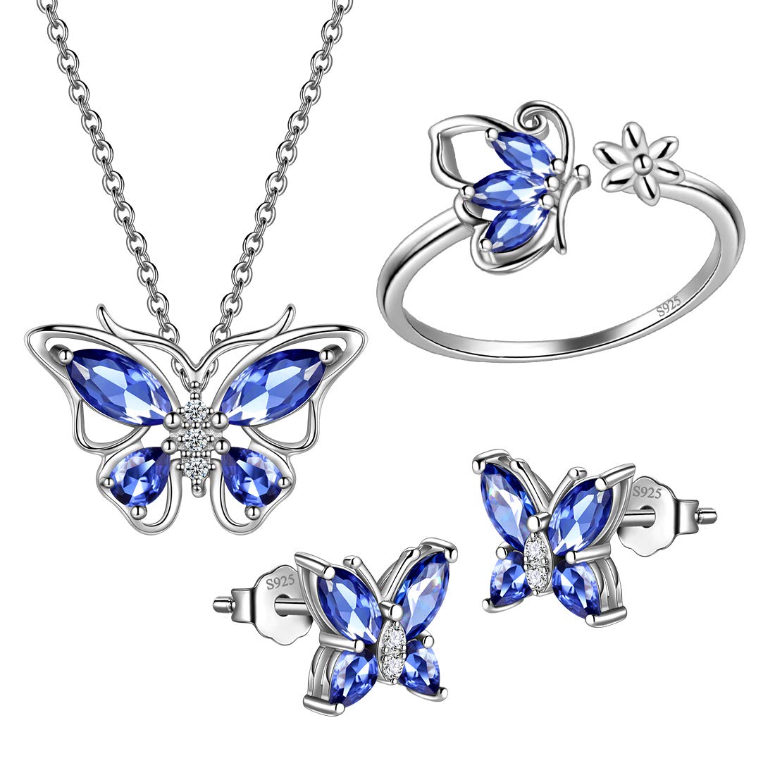 Hipunk Butterfly Purple Jewelry Sets Birthstone Women 925 Sterling Silver December-Tanzanite Birth Stone Animal Butterflies Jewelry Sets/Earring/Ring Set Crystal Birthday Jewelry SS0002D