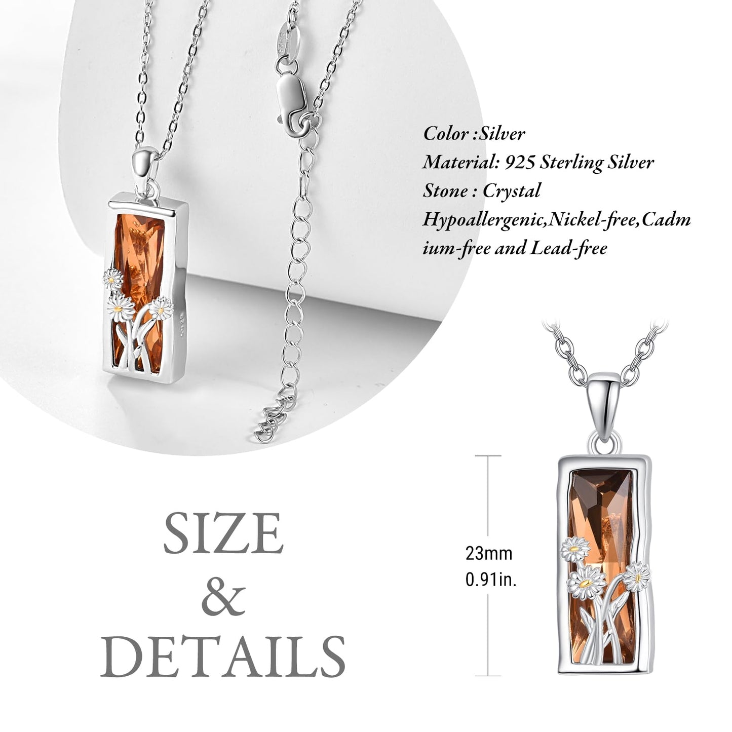 AENEAS Daisy Necklace for Women Sterling Silver Pendant Brown Quartz Necklace Crystal Daisy Flower Jewelry Gifts for Her Wife