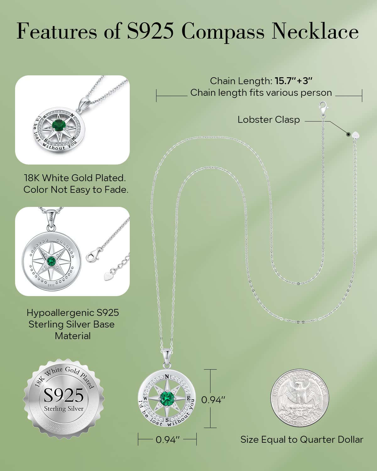 S925 Sterling Silver Necklace for Wife, Women Anniversary Year Gifts Compass Jewelry, Birthday Gift Ideas for Her Girlfriend Woman Necklaces, 18K White Gold May