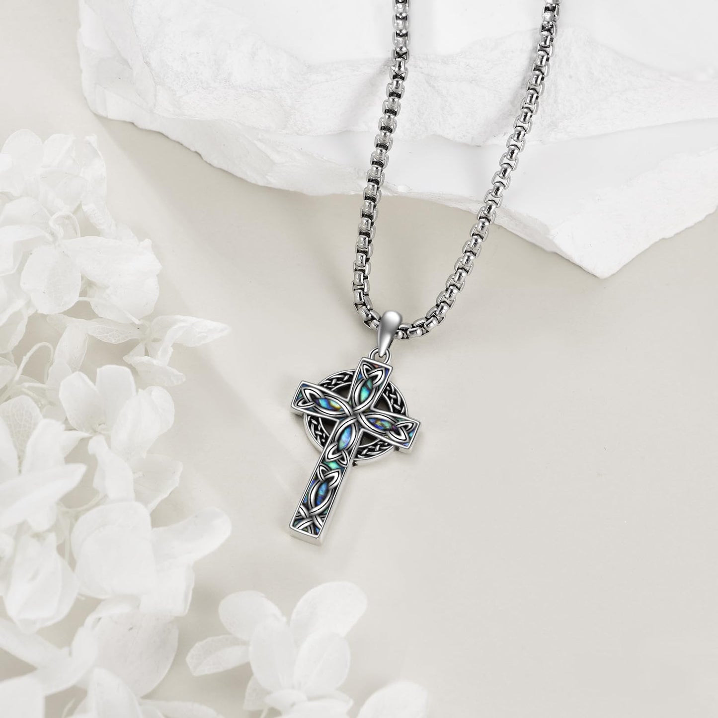 VONALA Celtic Cross Necklace 925 Sterling Silver Abalone Shell Celtic Knot Cross Pendant Necklace Religious Christian Irish Jewelry Gifts for Women Men