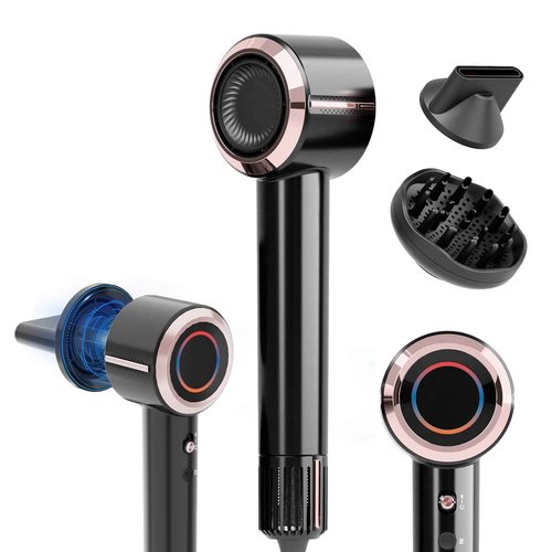 CINOSTAR Hair Dryer with Smart Cool and Hot Air Circulation, 1600W Brushless Motor,Magnetic Attachments 2 Nozzles, Fast Drying Ionic Technology, Frizz Free Hair Scalp Care,Black Gold