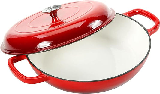 COOKWIN Cast Iron Casserole Braiser, 3.8 Quart Enameled Cast Iron Dutch Oven Pan with Lid, Heavy Duty and Dual Handles Skillet, Oven-Safe Porcelain Surface Casserole Dish, Red