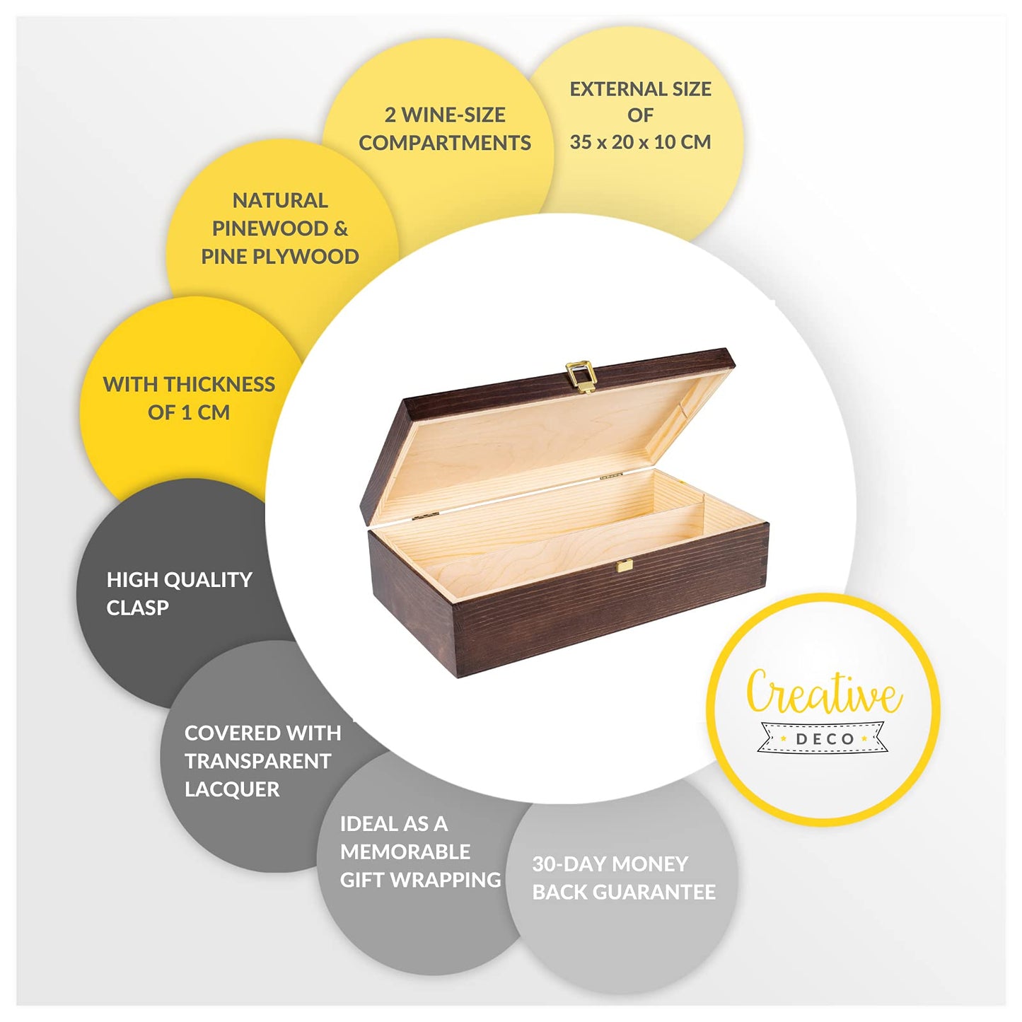 Creative Deco Brown Wine Wooden Box Gift Storage | 2 Bottles | 13.77 x 7.87 x 3.93 in (+/- 0.5in) | Wood Holder Lacquer |Box for Christmas, Birthday, Wedding, Valentine’s Day, Anniversary