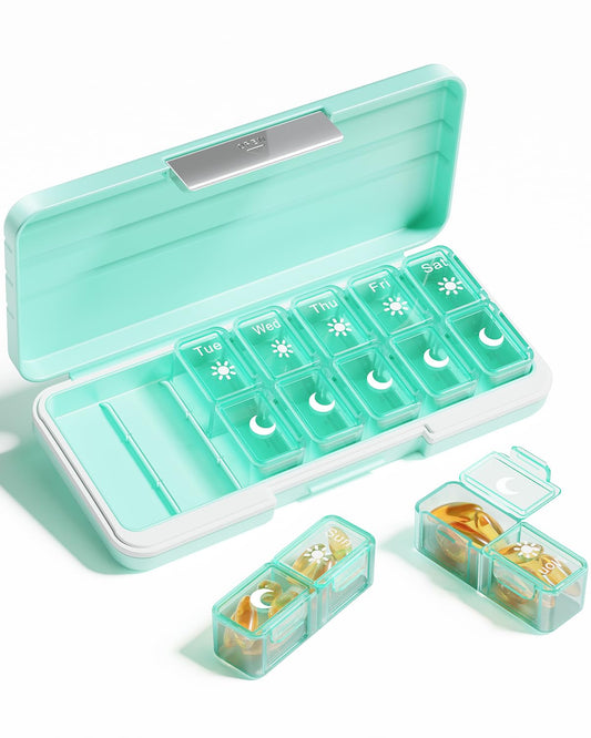 AM PM Pill Organizer 2 Times A Day, 7 Day Pill Box Weekly Pill Organizer Travel with Separate Container, Portable Daily Medicine Planner Dispenser Case for Vitamin, Fish Oils, Supplements（Green）