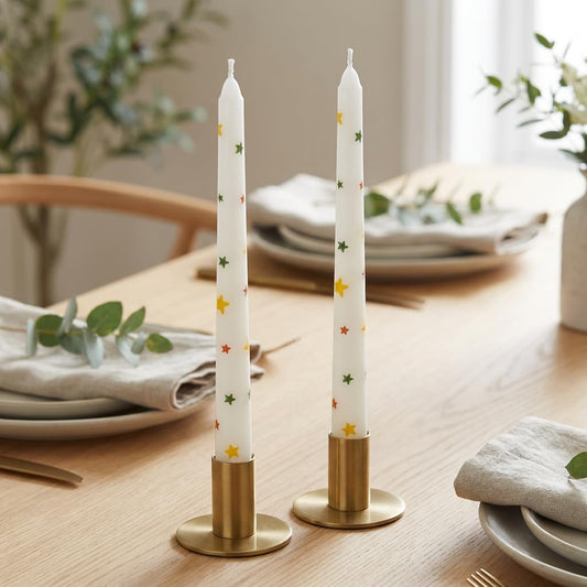 2 Pack Taper Candles, 10 Inch Unscented White Candlesticks with Colorful Star Design for Holiday Table Centerpiece, Fireplace Mantel, Advent Wreaths, Winter Weddings, Festive Decor