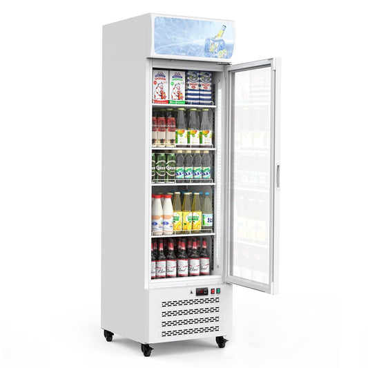 13.4 Cu.Ft Commercial Merchandiser Refrigerator, Commercial Refrigerators With Glass Door and Soft Led Light, Display Refrigerator Upright Fridge With 3 Adjustable Shelves for Shop, Restaurant, White