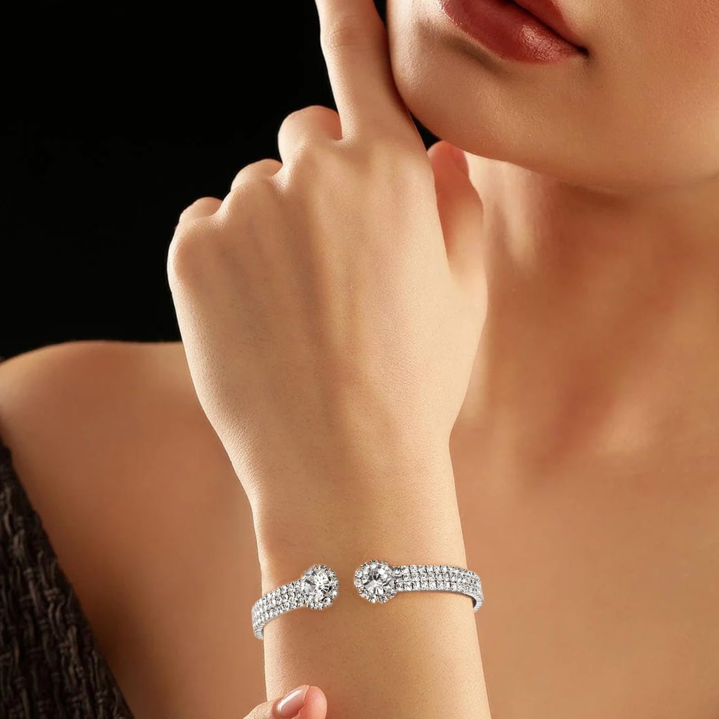 Tidefire Rhinestone Tennis Cuff Bracelet for Women Crystal Bridal Bangle for Prom Wedding Party Dating (1213 Silver)