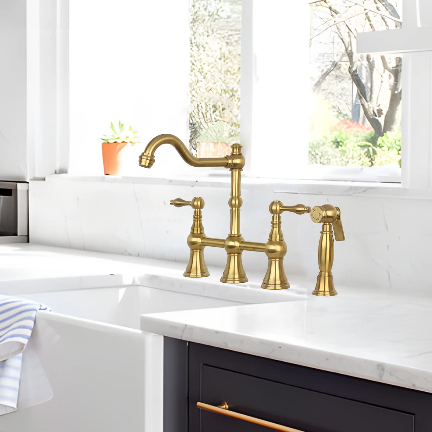 Akicon Two-Handles Bridge Kitchen Faucet with Side Sprayer (Brushed Gold)
