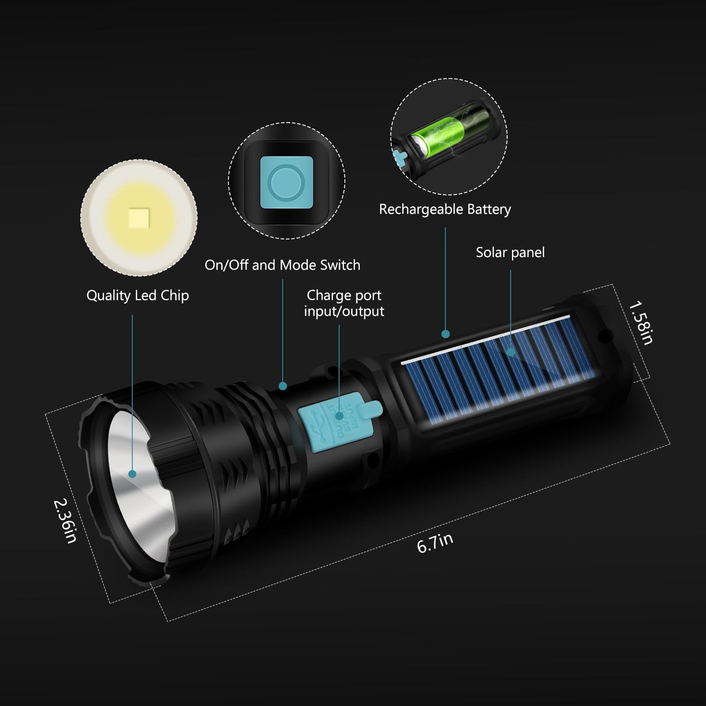 VOETIR Led Solar Flashlight, 1500 Lumens Led Solar Handheld Rechargeable Flashlights with IP65 Waterproof, 2000mAh Battery for Survival Emergencies Camping (2 Packs)