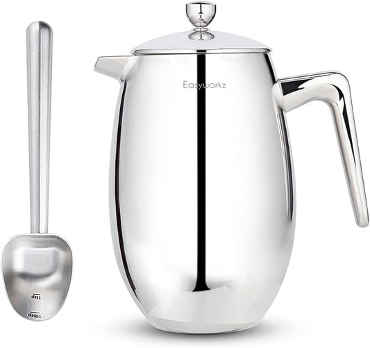 Easyworkz Stainless Steel Long Hollow Handle Coffee Scoop,7g Measuring Spoon, Brushed Silver, Bundled with Easyworkz Nando French Press 34 oz Double Wall Insulated Thermal Coffee Maker