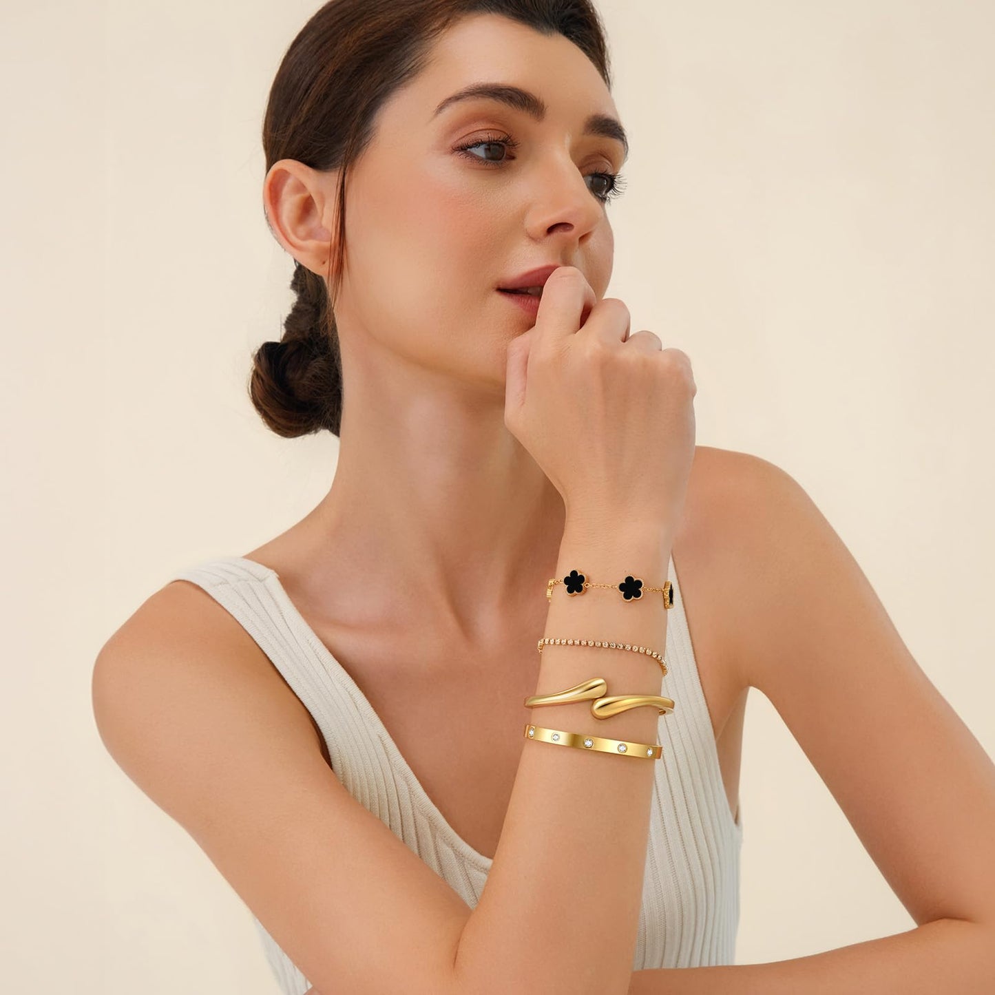Mothers Day Gifts for Mom 18K Gold-Plated Bracelet Set – Floral Clover, Tennis, Chunky Adjustable Twist Cuff, Classic Gold-plated Bangle Stainless Steel, Non Tarnish, Stackable Bracelet Gift for Women