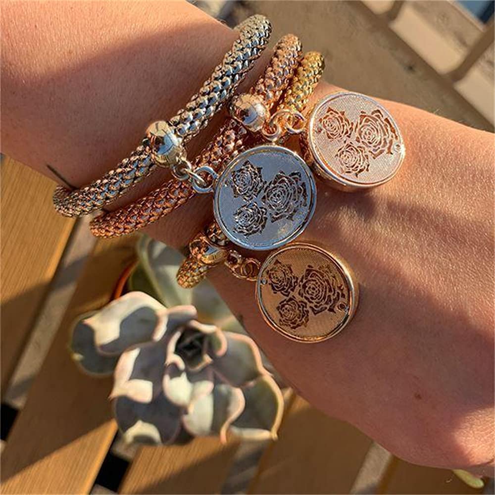 SILANER Crystal Charms Multilayer Bracelets - 3PCS Gold/Silver/Rose Gold Corn Chain Bracelet for Women, Tree of Life Heart Shaped Stretch Bracelet