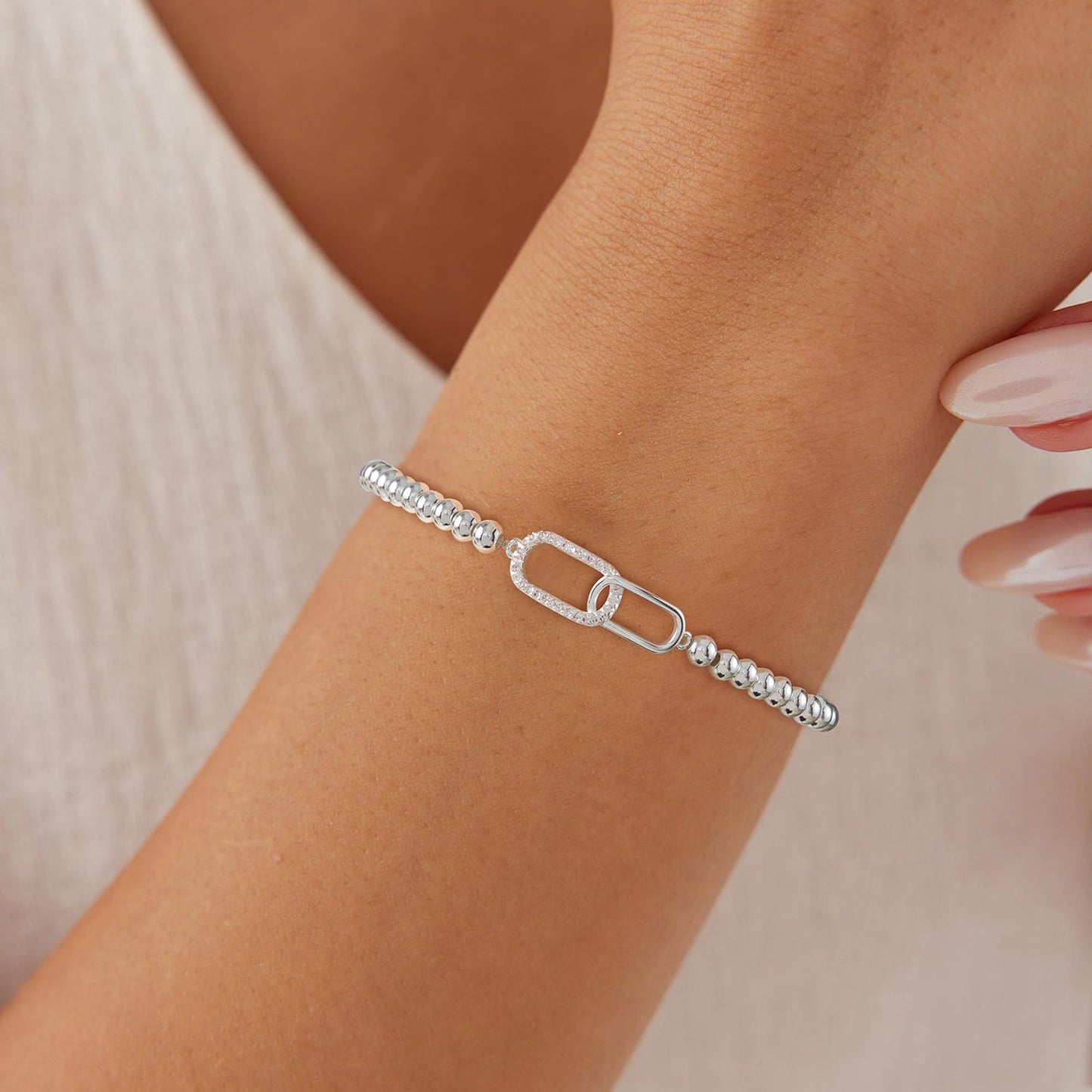 Beaded Bracelets for Women 14K Silver Gold Plated Stretch Handmade Ball Bracelets Cute Charm Bracelet Dainty Stackable Cross Heart Bow Wave CZ Circle Trendy Jewelry Easter Gifts (zirconia-square-silver)
