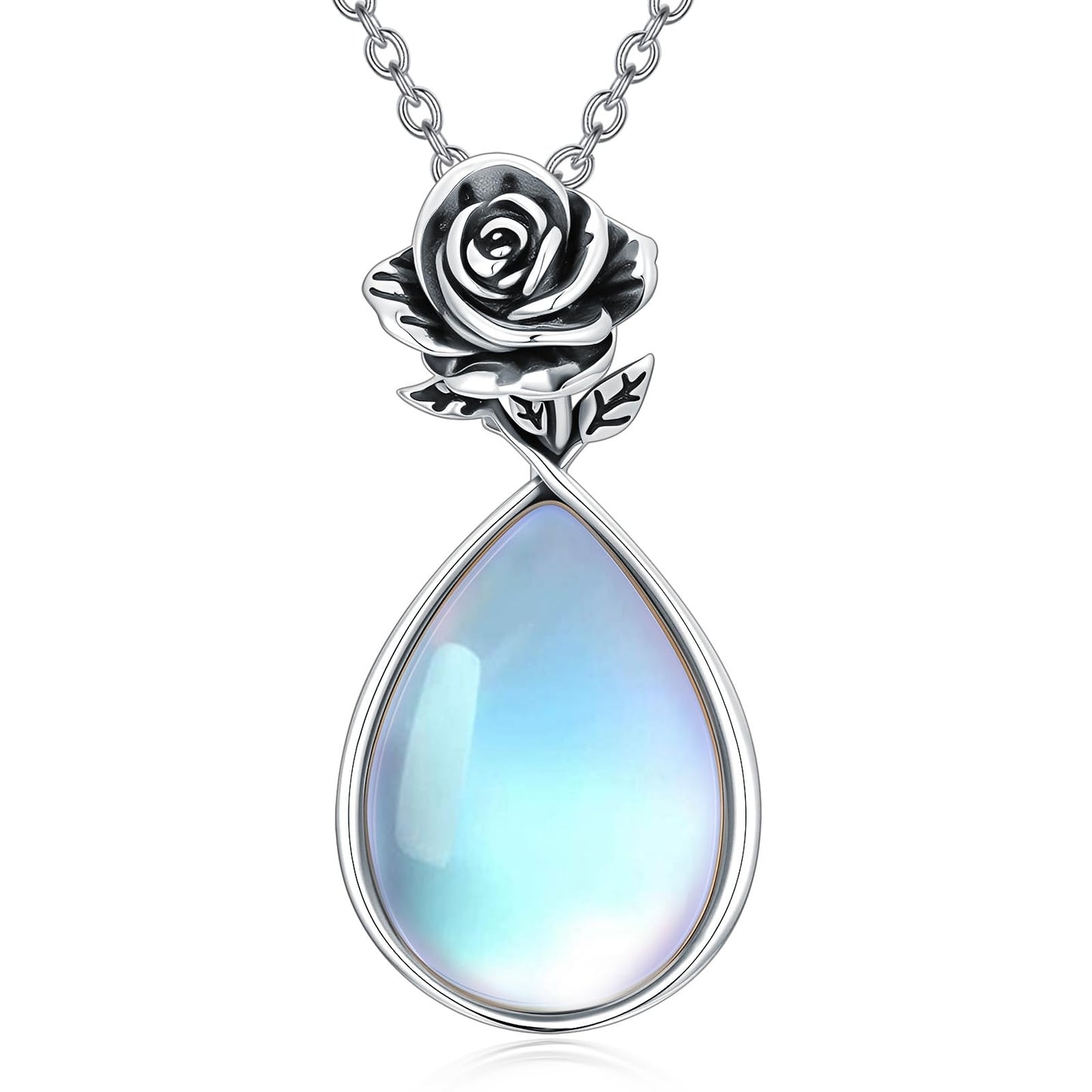 OUTANG Moonstone Necklace for Women 925 Sterling Silver Moonstone Rose Flower Pendant Ladies Floral Jewelry Gifts