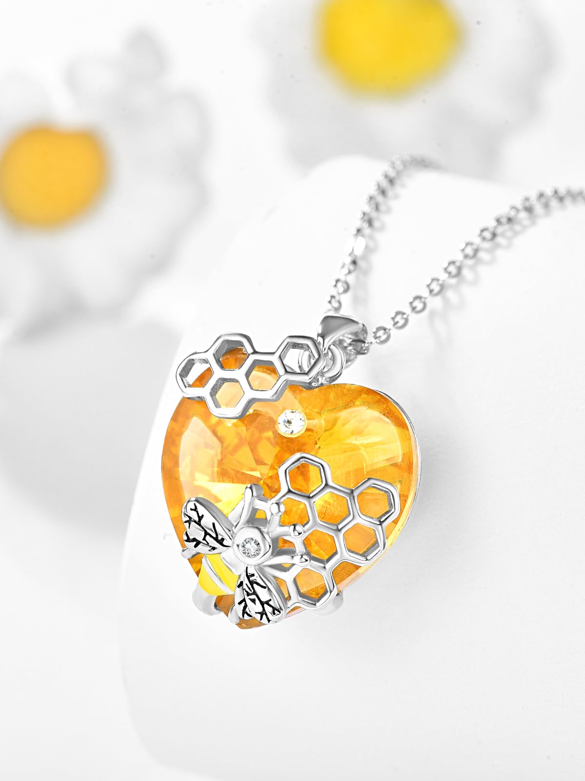 AENEAS Valentines Day Gifts for Women Her Bee Necklace 925 Sterling Silver Honey Bee Pendant Necklace with Love Heart Citrine Crystal Jewelry Gifts for Birthday Christmas Anniversary