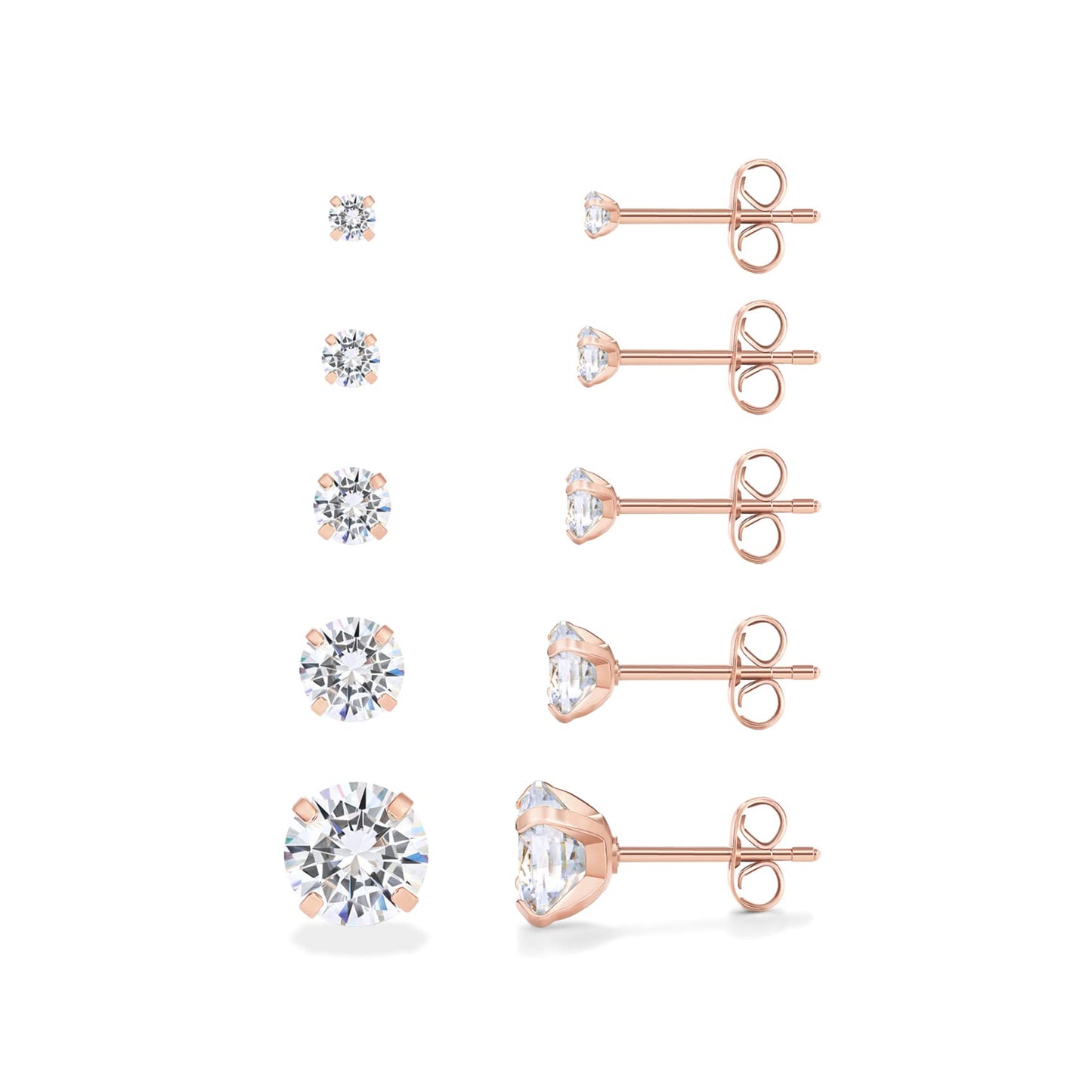 PAVOI Waterproof Five Pairs Stud Earrings for Women - 14K Rose Gold Plated Stainless Steel Pack of 5 Cubic Zirconia Earrings for Men and Women - Hypoallergenic Premium CZ Studs Set