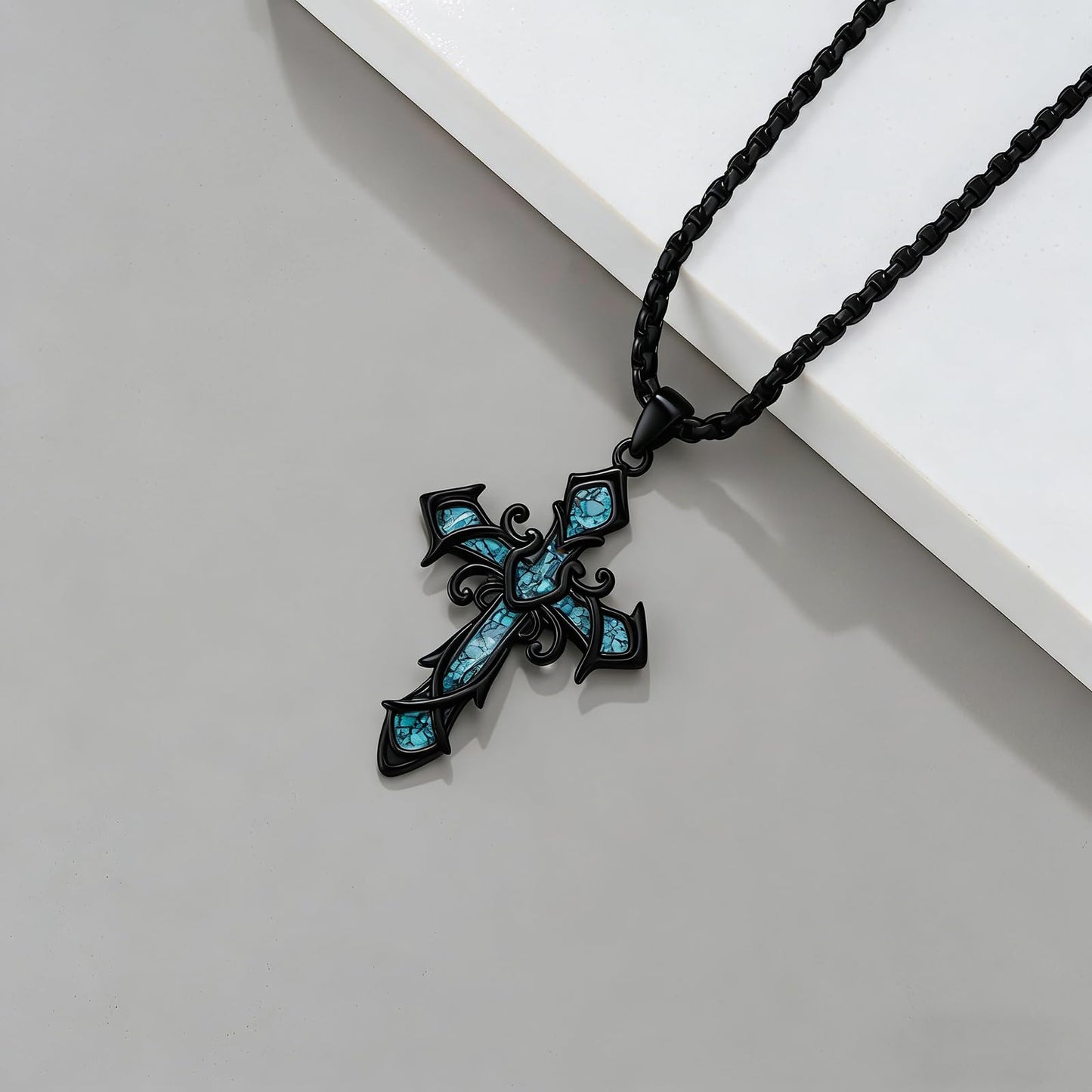 YEESIA Cross Necklace for Men Women, 925 Sterling Silver, Black Cross Pendant Necklace with Turquoise, Christian Jewelry, Gift for Men Women