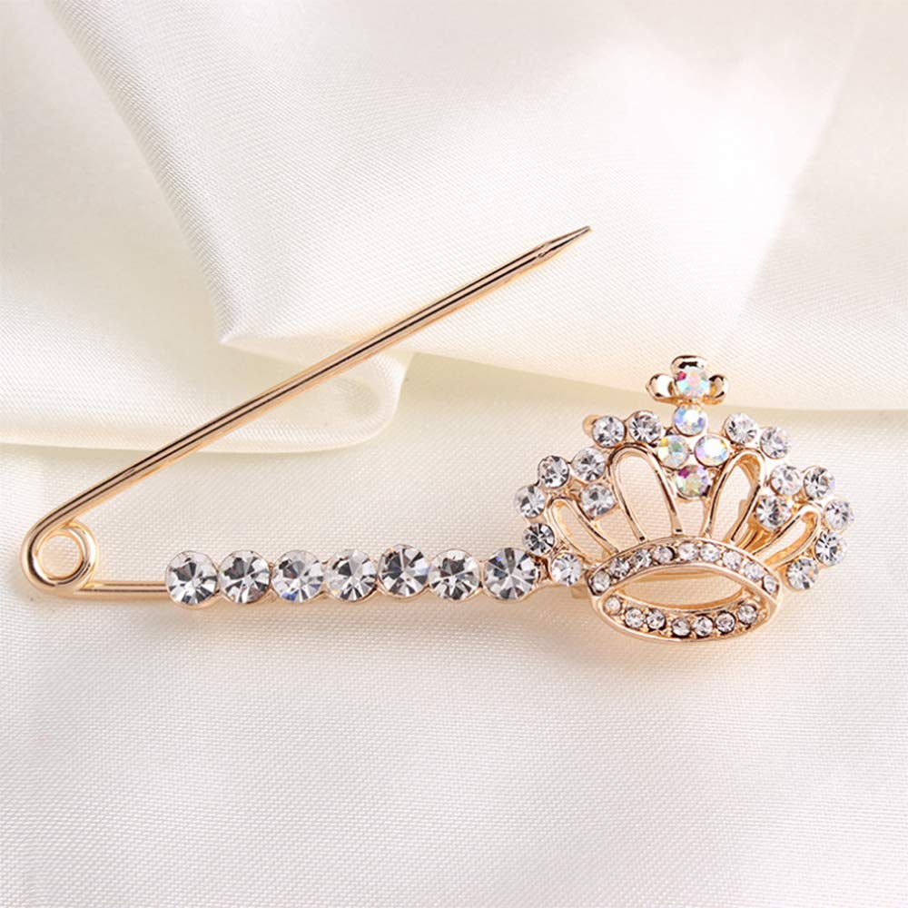Shiny Crystal Crown Brooch Pin Elegant Rhinestone Royal Princess Safety Brooches Dress Sweater Coat Pins Gold Plated Fashion Jewelry for Women Men (Crown Safety pin)