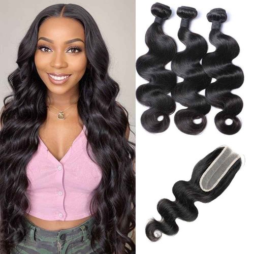 VILSAI Body Wave Human Hair Bundles with Closure (18 20 22+16) 2x6 HD Lace Closure with Bundles 10A Grade Unprocessed Brazilian Virgin Human Hair Natural Black Color