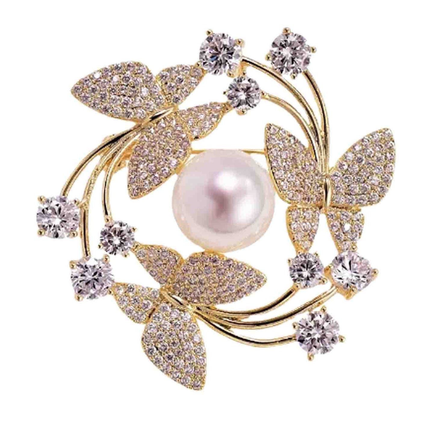 Gold Butterfly Wreath Flower Crystal Brooches Pins Fashion Beautiful Created Rhinestone Pearl Floral Brooch Good Idea for Party Dance Wedding Banquet for Elegant Women Girl (Butterfly Wreath)