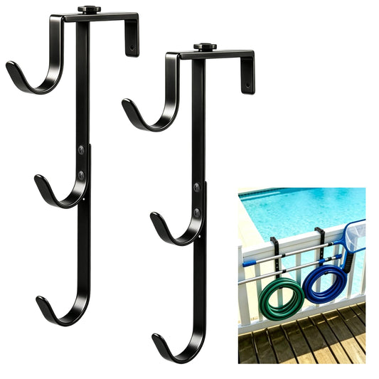 2 Pack Upgraded 3-Tier Pool Fence Hooks for Pool Equipment, Adjustable Heavy Duty Pool Pole Hanger Holder, Rustproof Hooks for Pool Skimmer Pole Vacuum Hose Net Leaf Rakes Garden Tool Organizer