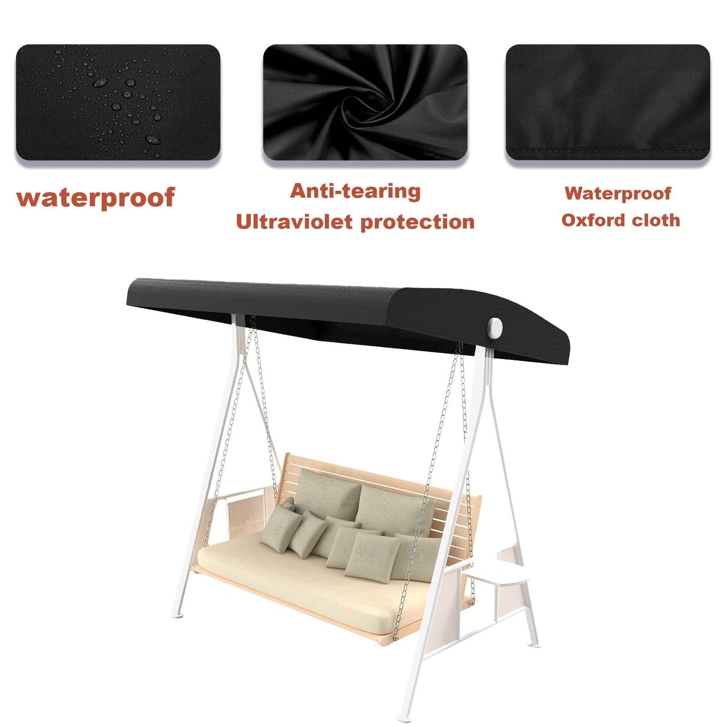 Outdoor Swing Canopy Replacement Top Cover, Universal Patio Swing Covers 3 Seater, Waterproof Replacement Canopy Outdoor Furniture Cover for Garden Patio Porch Hammock (Black, 55.9"L x 47"W x 7-9"H)