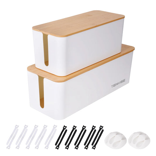 2 Pack Cable Management Box – Child and Pet-Proof Cord Organizer with Bamboo-Style Design, Large Capacity Cable Cover for Hiding TV Wires, Computer Cables, Power Strips,and USB Hubs, White